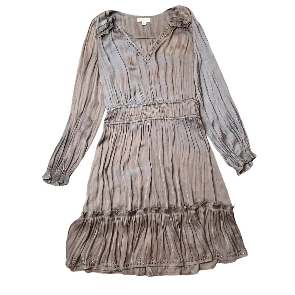 CURRENT AIR LA Tiered Studded Long Sleeve Mini Dress Taupe Gray Small